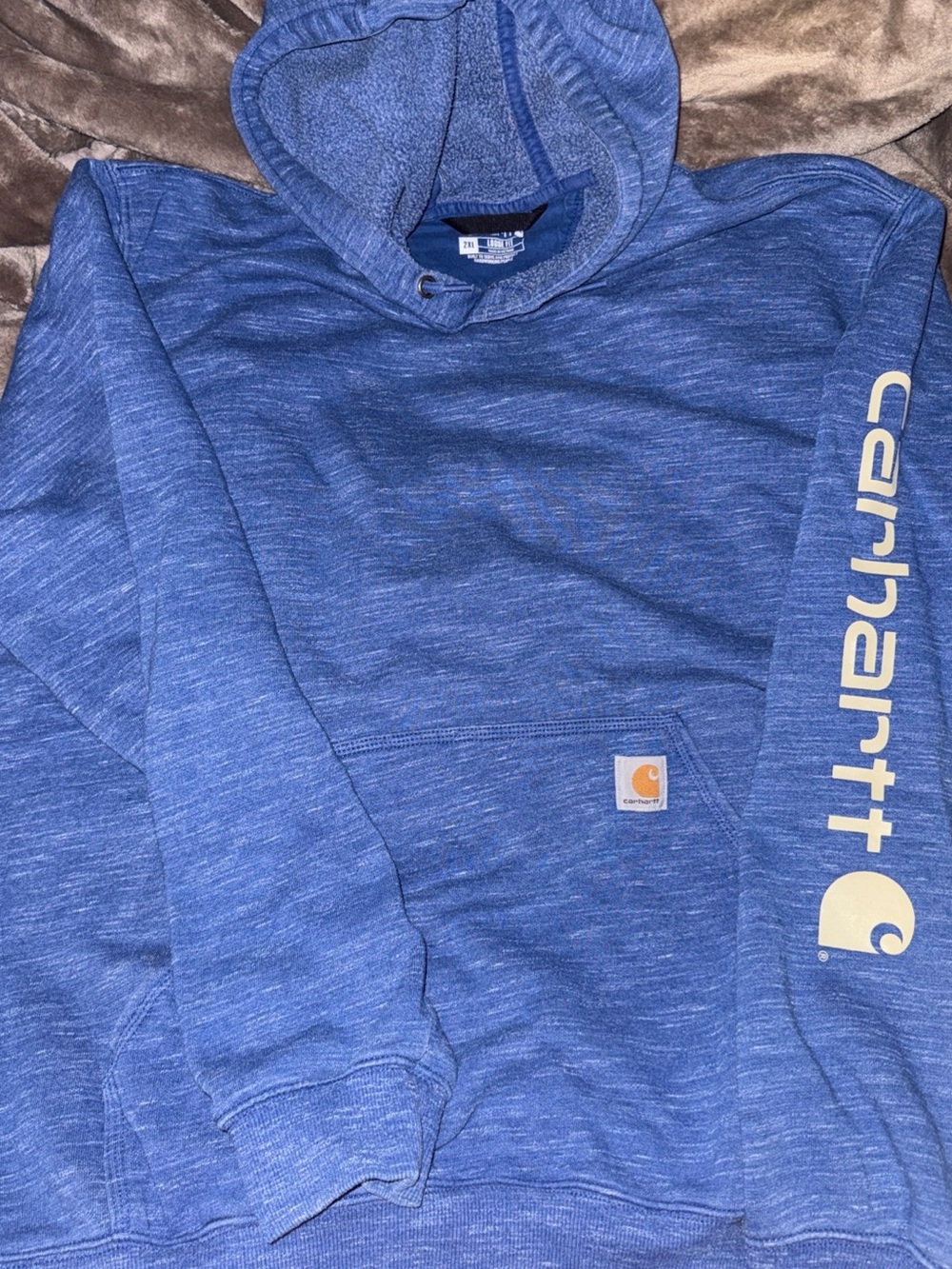 Carhartt Men’s Heather Blue Crewneck Hoodie with Sleeve Logo